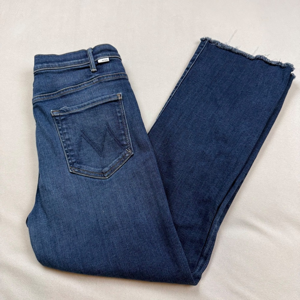 Mother The Hustler Ankle Fray Jeans Home Movies Blue High Rise Flare Size 32